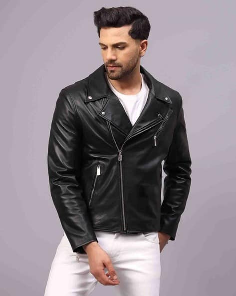 Leather Regular Fit Zip-Front Biker Jacket