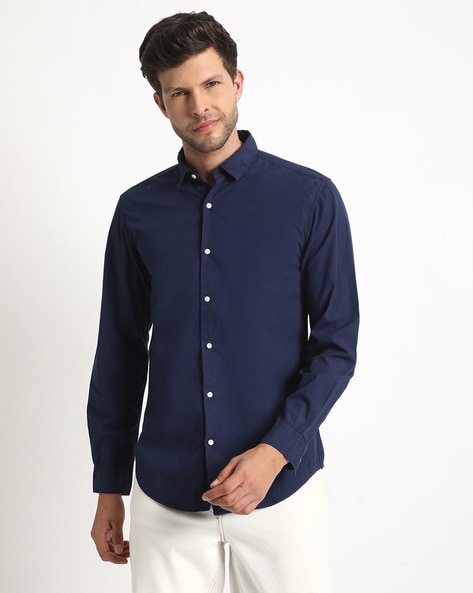 Men Slim Fit Cotton Shirt with Spread Collar