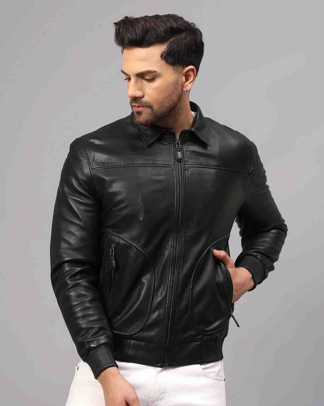 Buy Saint G Leather Regular Fit Zip-Front Biker Jacket | Black