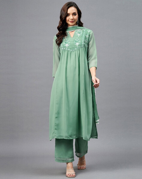 Embroidered Neckline A-Line Kurta Suit Set