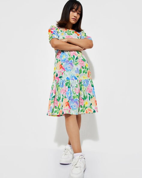 Women Floral Knee Length Tiered Dress