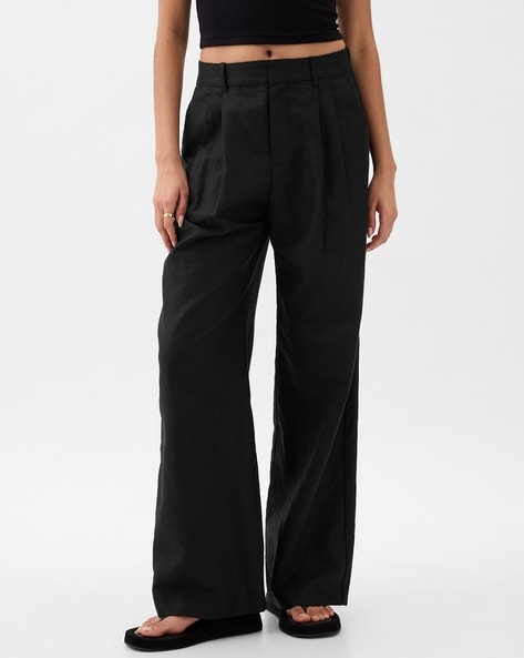 Women Wide Leg Pleated Linen Pants