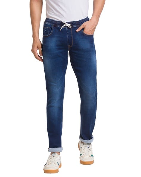 Men Stone Washed Slim Fit Jeans with Elasticated Drawstring Waist