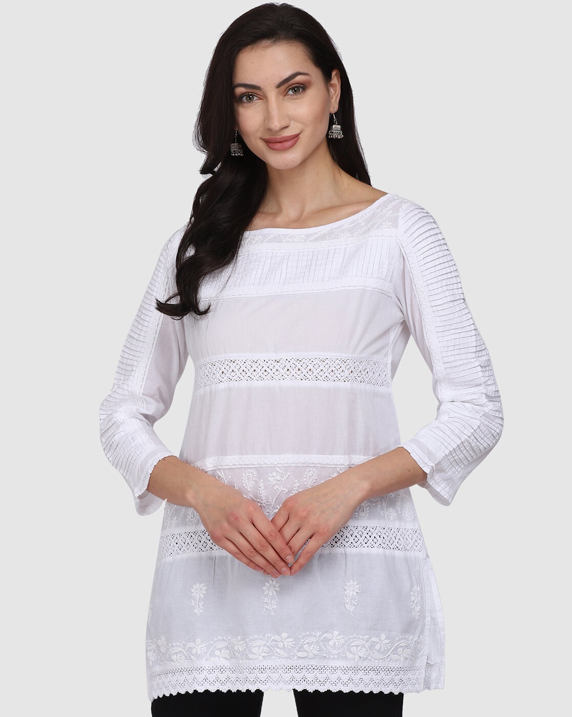 Hand Embroidered Chikankari Boat Neck Tunic