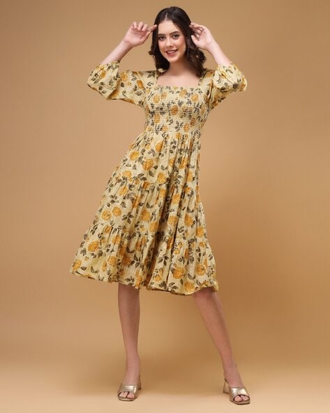 REJINA PYO Laura sale Yellow Leaf Print Drop Waist Ruffle Tiered Viscose Midi Dress 2