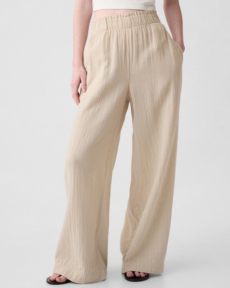 Mid Rise Crinkle Gauze Wide Leg Pants