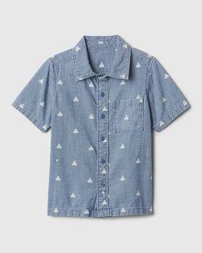 Printed Short Sleeve Slim Fit Denim Shirt
