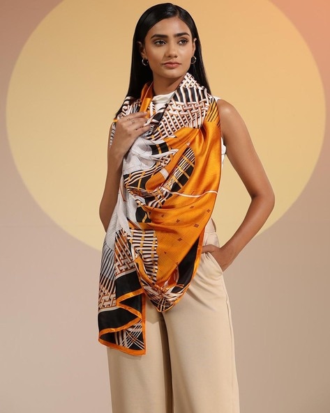 Women Printed Coral Silk Scarf Price in India