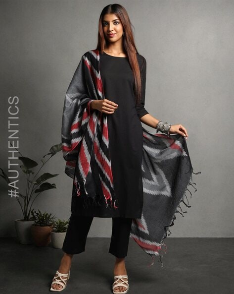 Ikat Print Cotton Dupatta with Tassels Price in India