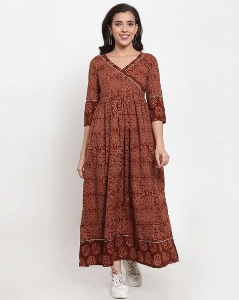 Indibelle V-neck Indian Print  A-line Dress