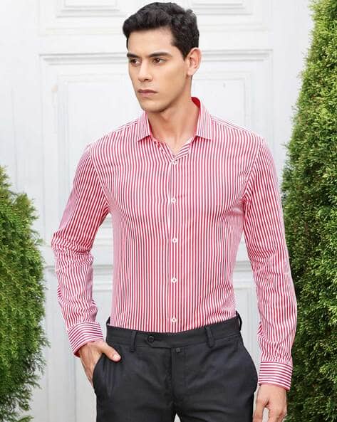 For Men Pink Myntra Denim Shirts Men Striped Regular Fit Shirt