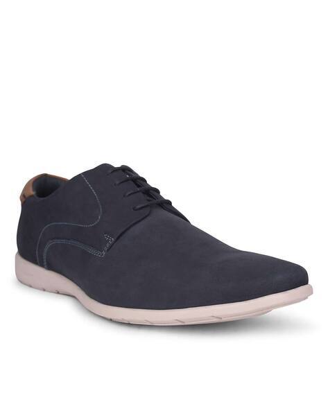 Suede Navy Blue Hush Puppies Shoes Men Round-Toe Lace-Up Shoes