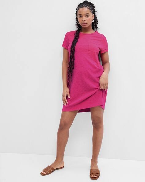 Women Round-Neck T-Shirt Dress with Patch Pocket