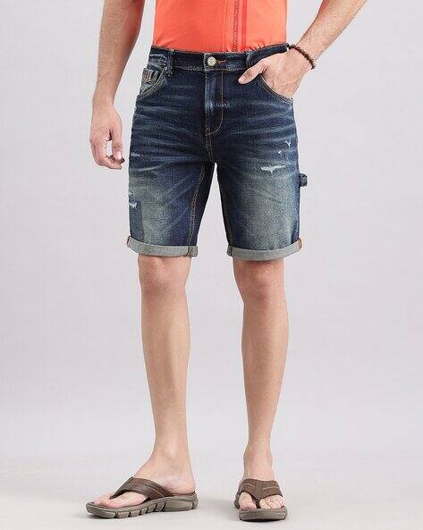 Men Washed Distressed Slim Fit Denim Shorts