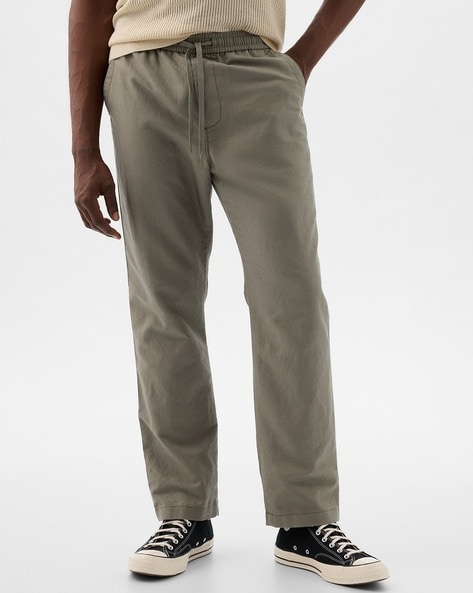 Men Regular Fit Flat Front Linen Trousers