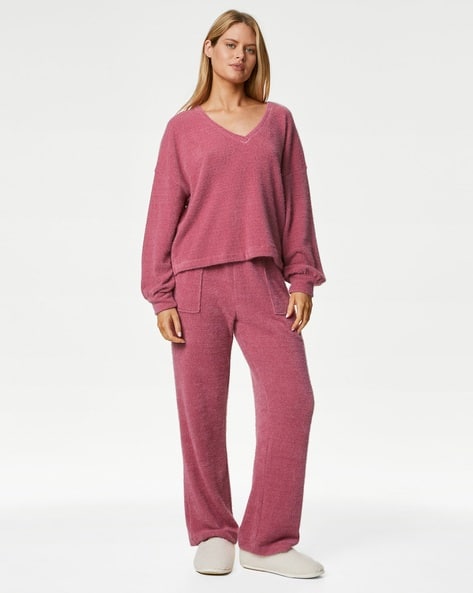 Women Fluffy-Knit T-Shirt Pyjamas Lounge Set