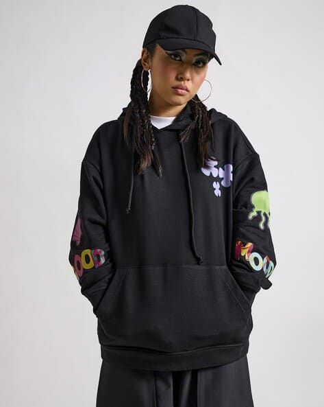 Women Graphic Print Oversized Hoodie with Kangaroo Pocket