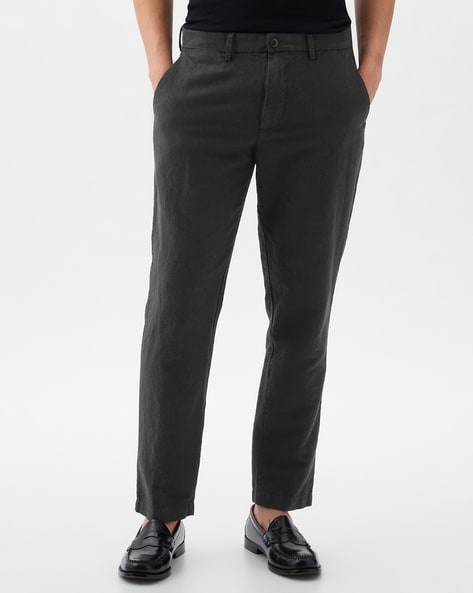 Men Regular Fit Flat-Front Linen Trousers