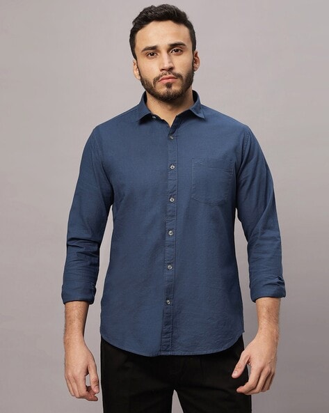 Men Cotton Slub Slim Fit Shirt with Patch Pocket