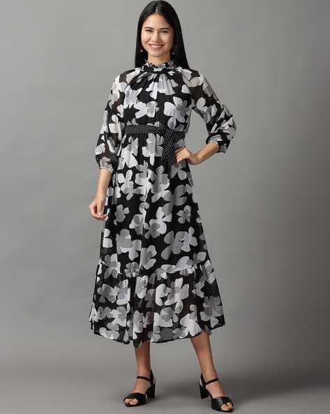 Floral Print Waist Tie-Up A-Line Dress
