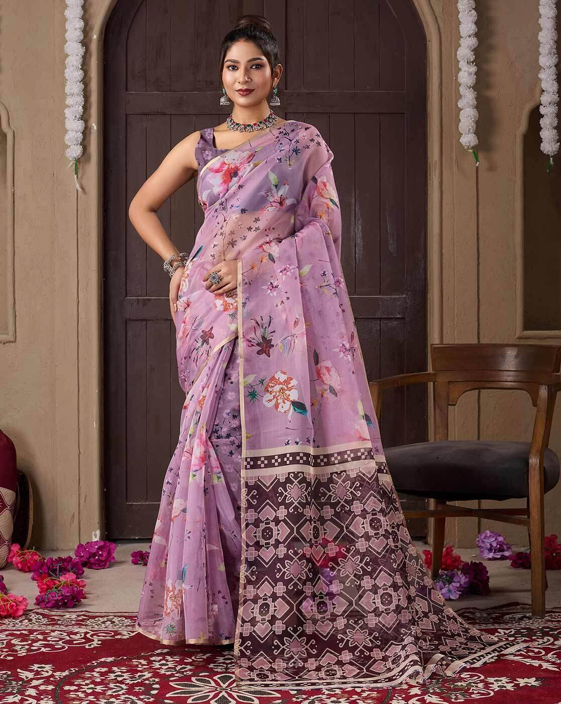 Fashionfricks Women Floral Print Saree with Contrast Border For Women (Multi, OS)