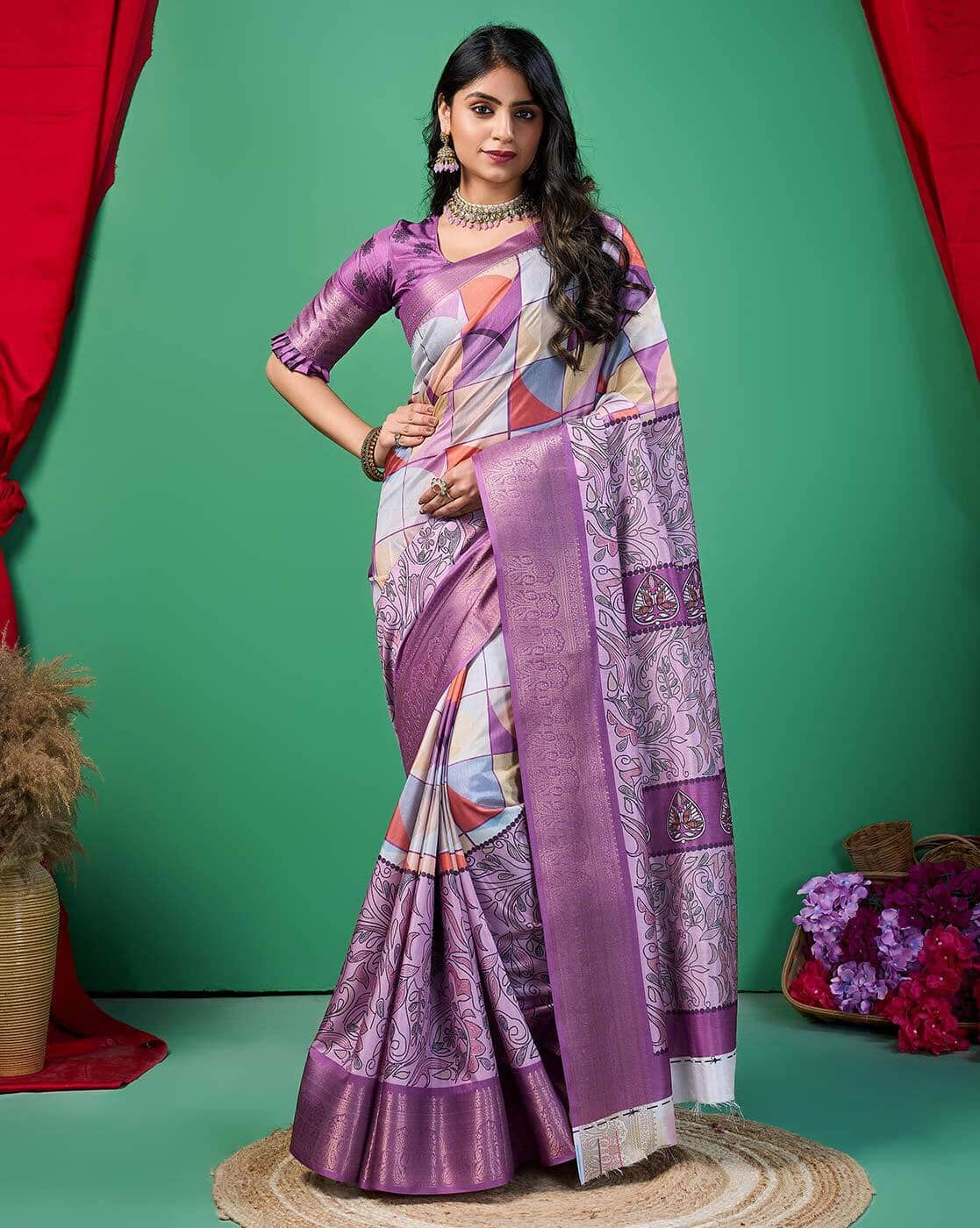 Fashionfricks Women Geometric Print Dola Silk Saree For Women (Multi, OS)