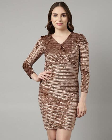 Buy SHOWOFF Women V-Neck Bodycon Dress | Beige Color Women | AJIO LUXE