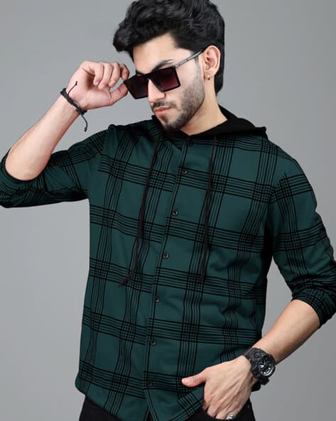 EYEBOGLER Men Checked Regular Fit Hooded Shirt