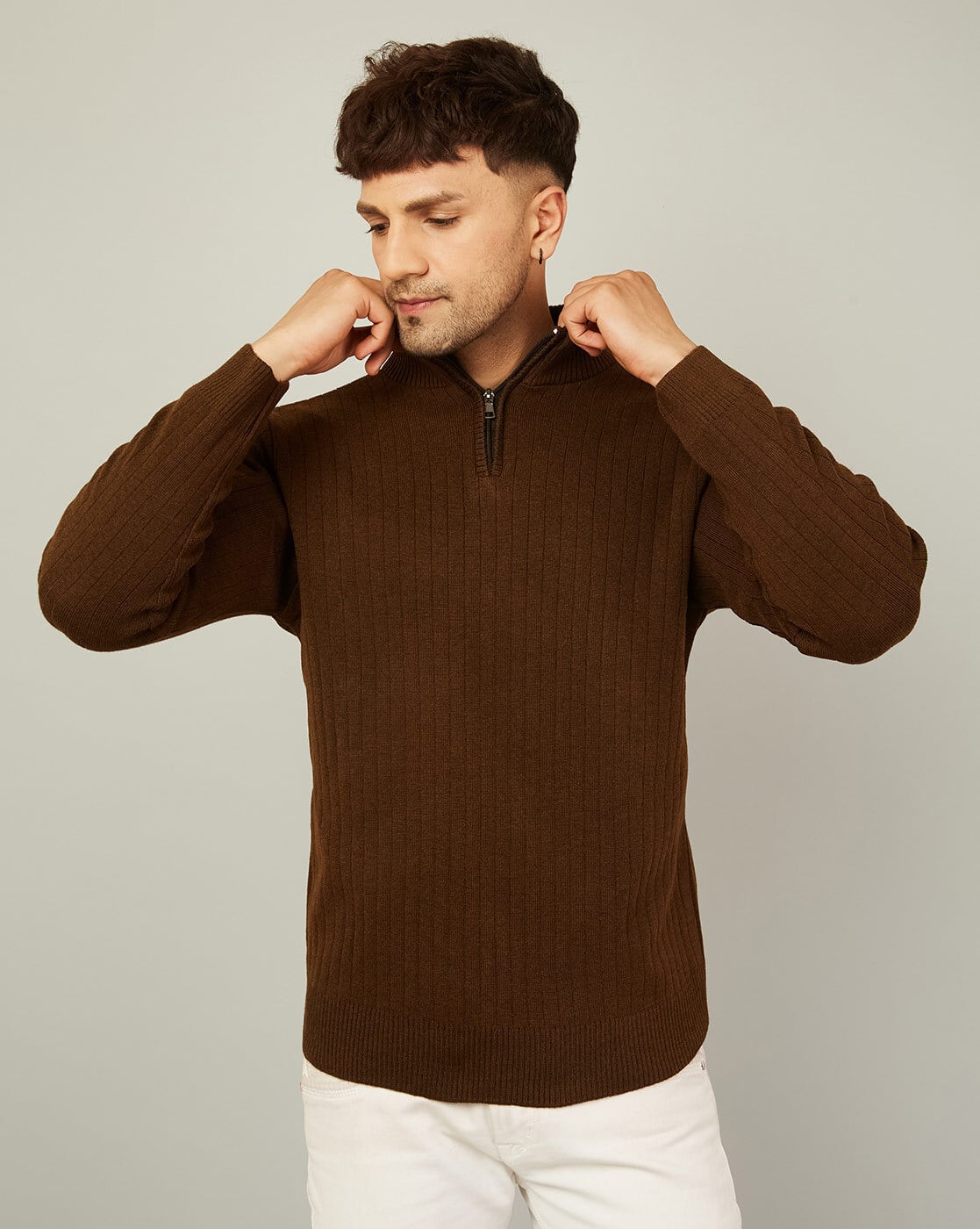 Buy Kvetoo Ribbed High-Neck Pullover Online | Ajio.com