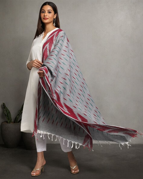 Handloom Woven Cotton Ikat Dupatta with Tassels Price in India