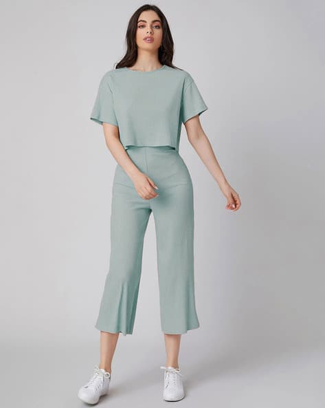 LERIYA FASHION Women Round-Neck Crop Top & Pants Co-Ord Set