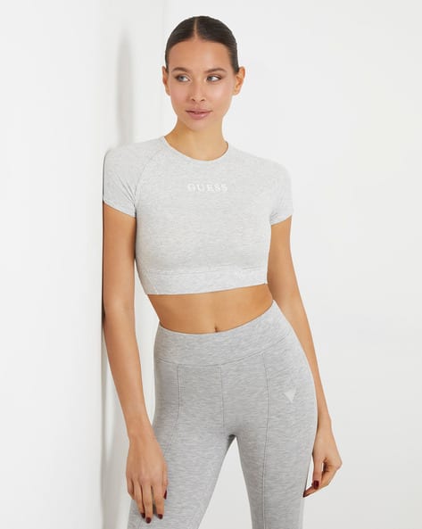 Regular Fit Crew-Neck Crop Top with Brand Print