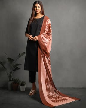 indie picks Handloom Woven Cotton Ikat Dupatta with Tassels-picture-51