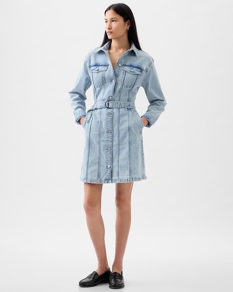 Women Full Sleeve Mini Denim Dress with Belt