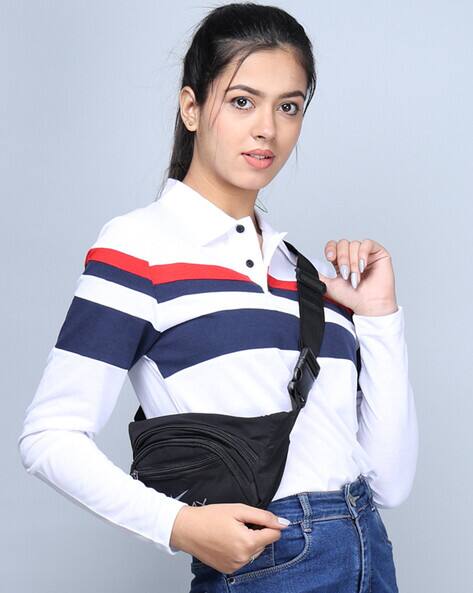 EYEBOGLER Women Striped Regular Fit Polo T-Shirt