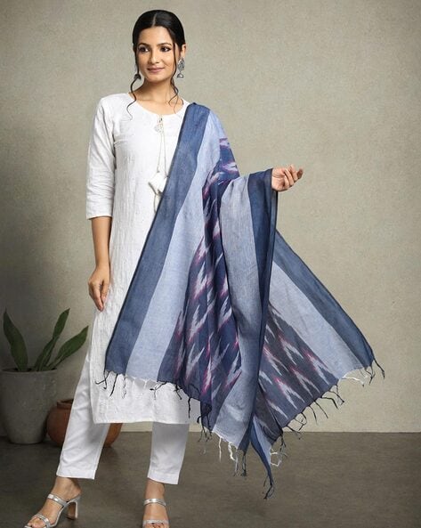 Handloom Woven Cotton Ikat Dupatta with Tassels Price in India