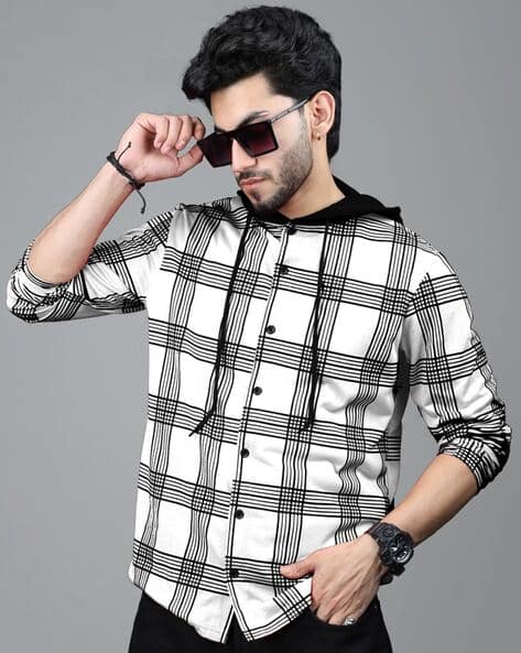 EYEBOGLER Men Regular Fit Checked Hooded T-Shirt