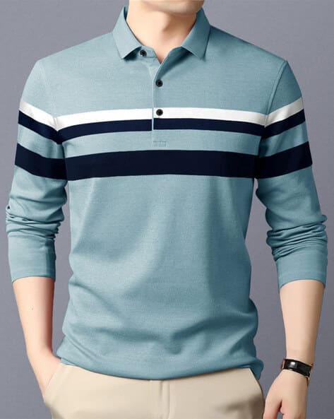 EYEBOGLER Striped Polo T-Shirt with Full Sleeves