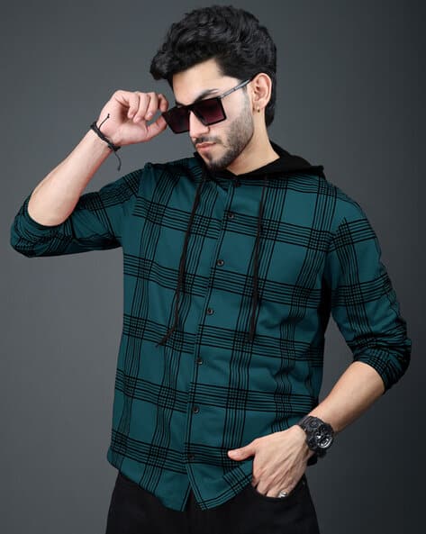 EYEBOGLER Men Checked Regular Fit Hooded T-Shirt