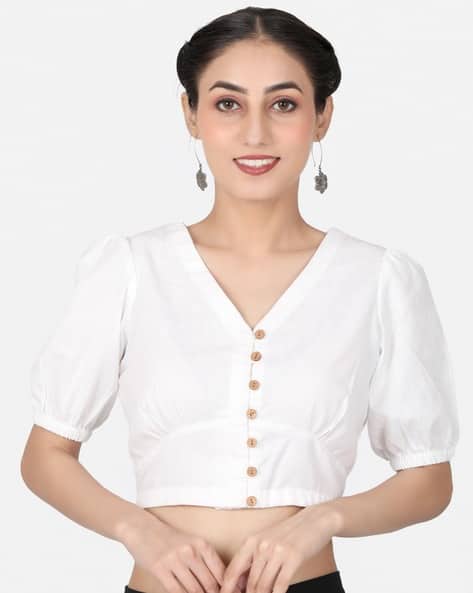 Front-Open V-Neck Blouse with Wooden Buttons