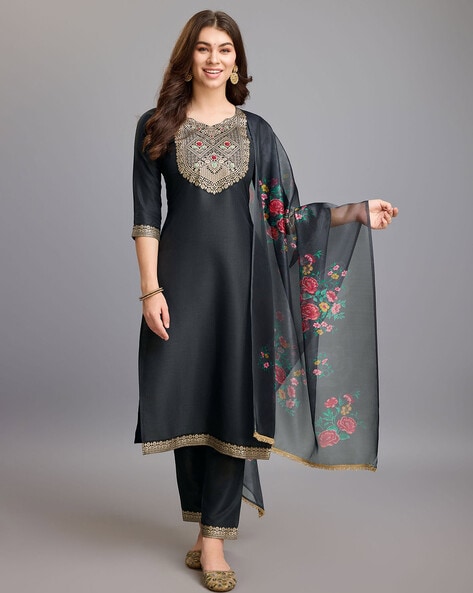 Women Embroidered Straight Kurta Set Price in India