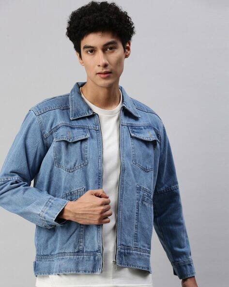 Buy VOXATI Zip-Front Washed Denim Jacket Online | Ajio.com