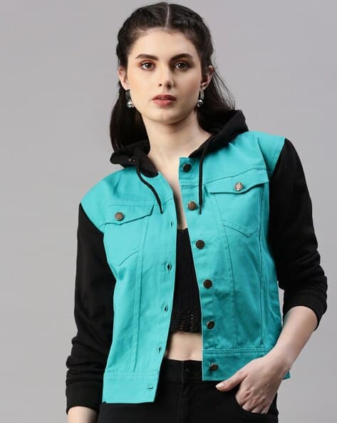 Ajio Denim Jacket Hooded Vest Hooded Denim Jacket With Flap Pockets