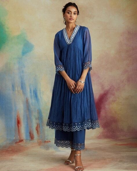 Women Embroidered Flared Kurta with Pants & Dupatta