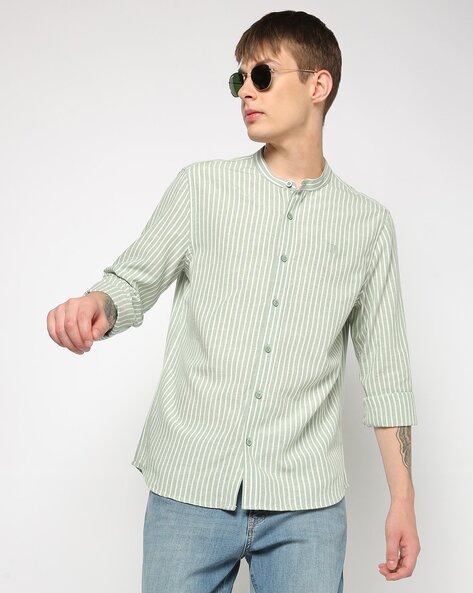 Striped Linen Blend Button Down Shirt with Band Collar