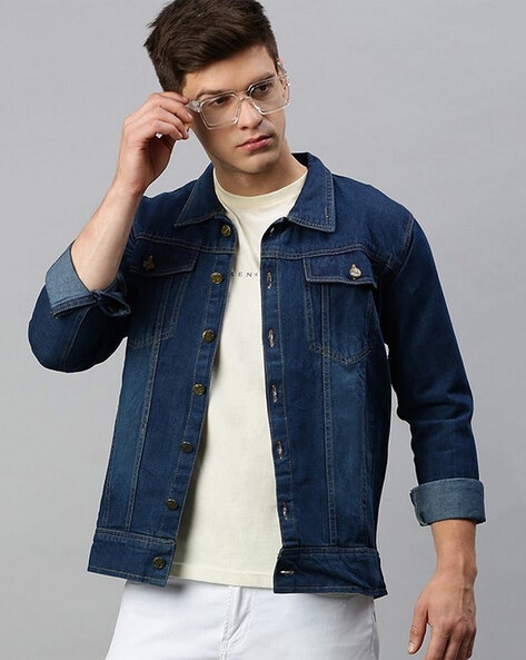 Men Slim Fit Denim Jacket with Flap Pockets