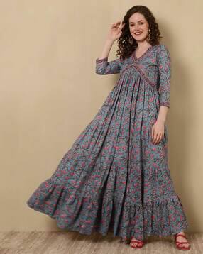 glam roots Women Printed Flared Kurta with 3/4th Sleeves-picture-0