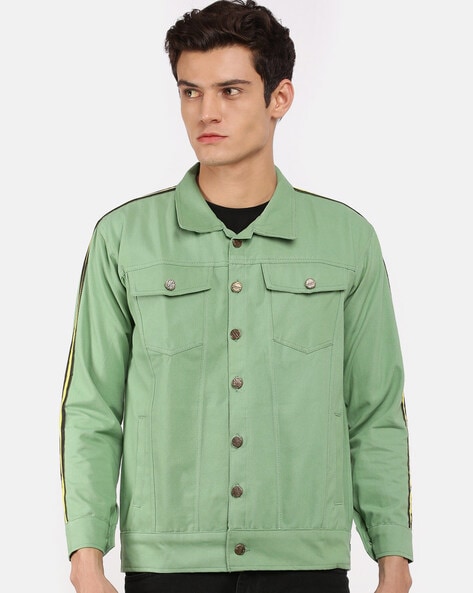VOXATI Denim Jacket with Button Closure For Men (Green, S)