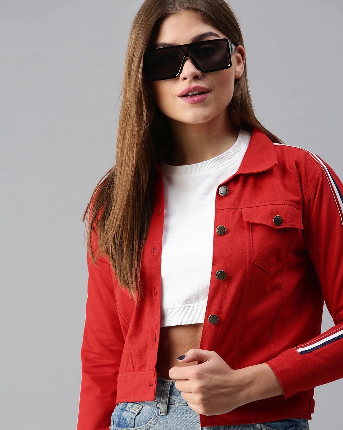 Red fashion with denim jacket