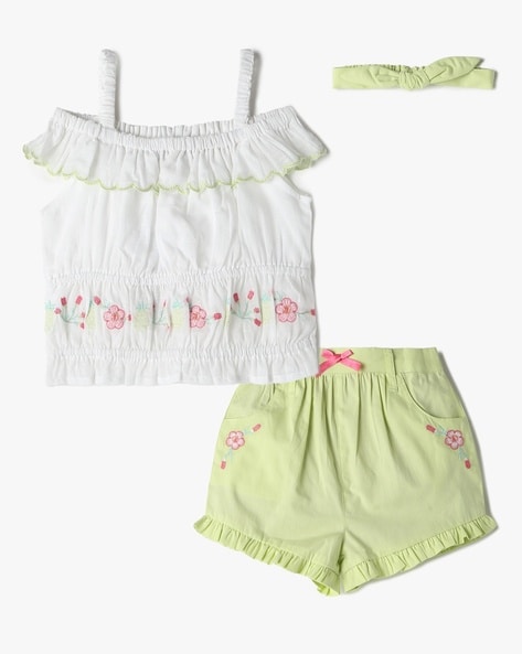 Girls Embroidered Top & Shorts Set with Hairband